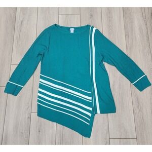Chico's Teal Striped Asymmetric Ribbed Tunic Knit Sweater Womens Size 2 US Large